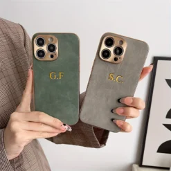 Personalised Custom Initials Name Case For iPhone 16 15 14 13 12 11 Pro Max Plating Bumper Lambskin Leather Lens Cover 15 16 Pro