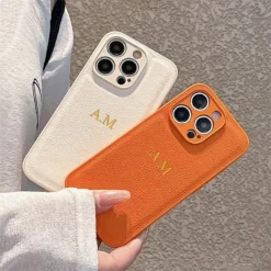 Personalize Customized Initials Name Leather Phone Case For iPhone 16 15 14 13 12 11 Pro Max 16 15 Plus XR Lens Protection Cover